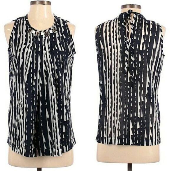 St. John SoCa Cotton Sleeveless Pleated Jewel Neck Tie Back Striped Navy Sz S - Picture 1 of 11